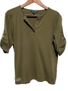 Lauren Ralph Lauren Olive Roll Tab Henley Top L Military Utility